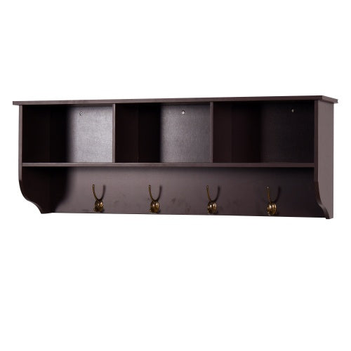 Espresso wall-mounted coat rack with shelf, 4 dual hooks, and 3 open cubbies for entryway storage and organization