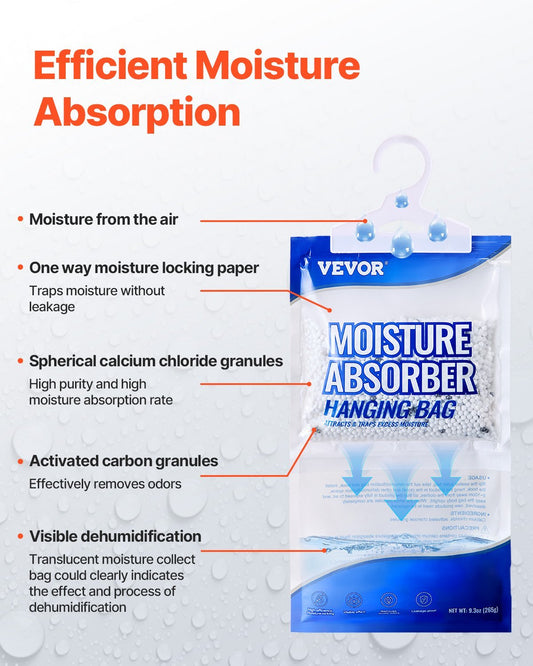 Pack of 10 VEVOR moisture absorber bags, 9.3 oz each, fragrance-free and designed for hanging in closets, bathrooms, or other damp spaces