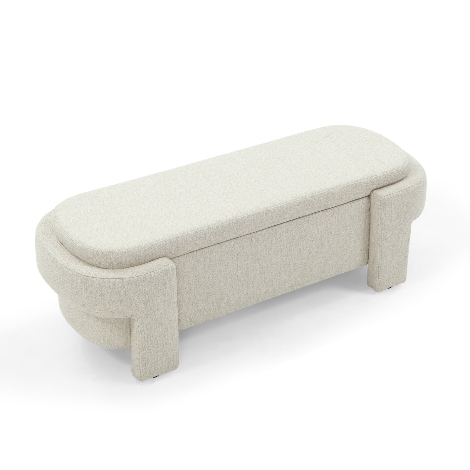 Beige linen fabric storage bench with cushioned seat and hidden compartment for living room or entryway organization