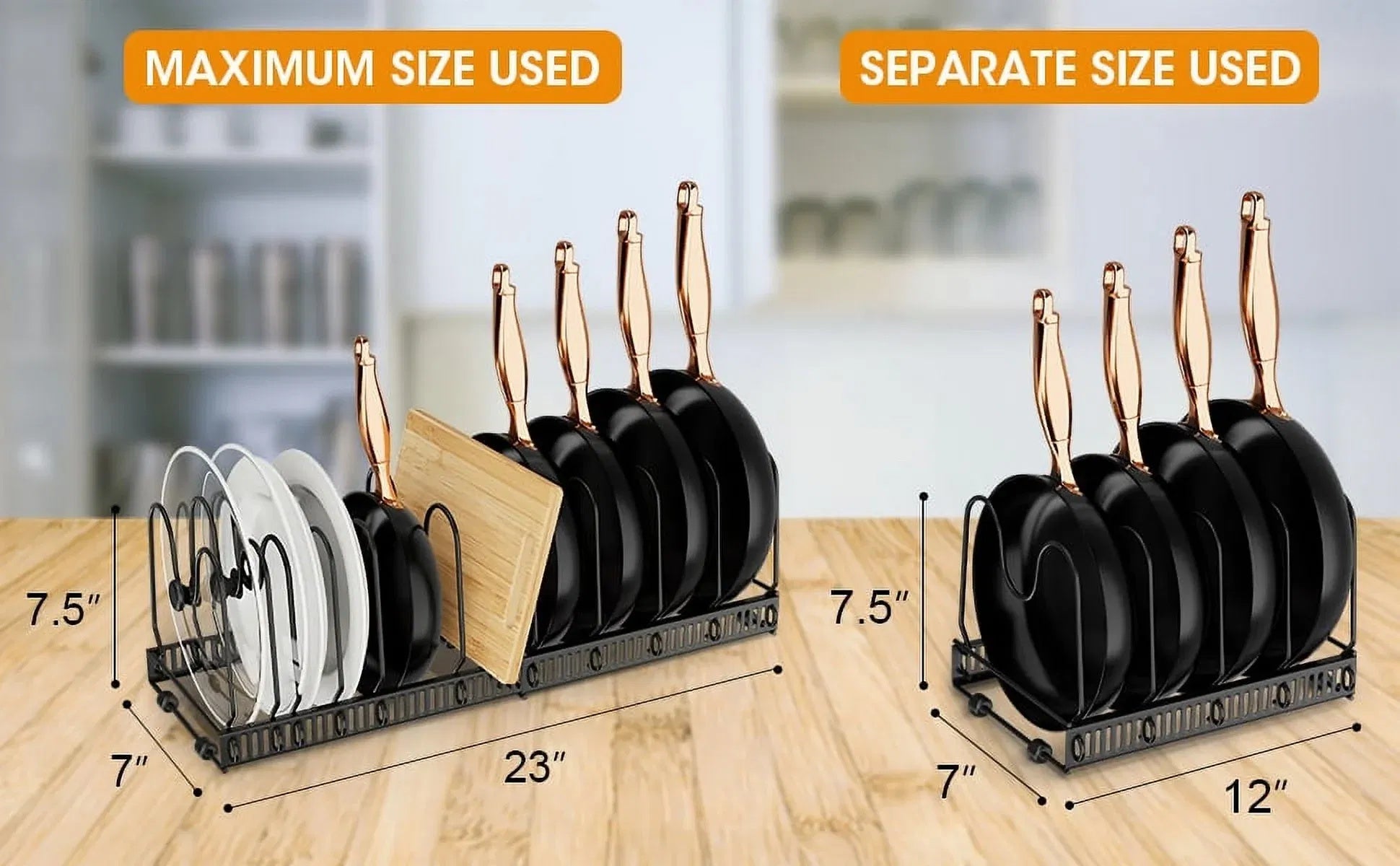 Expandable pot lid organizer rack holding various sizes of lids and cutting boards, adjustable width, ideal for kitchen cabinet or countertop storage