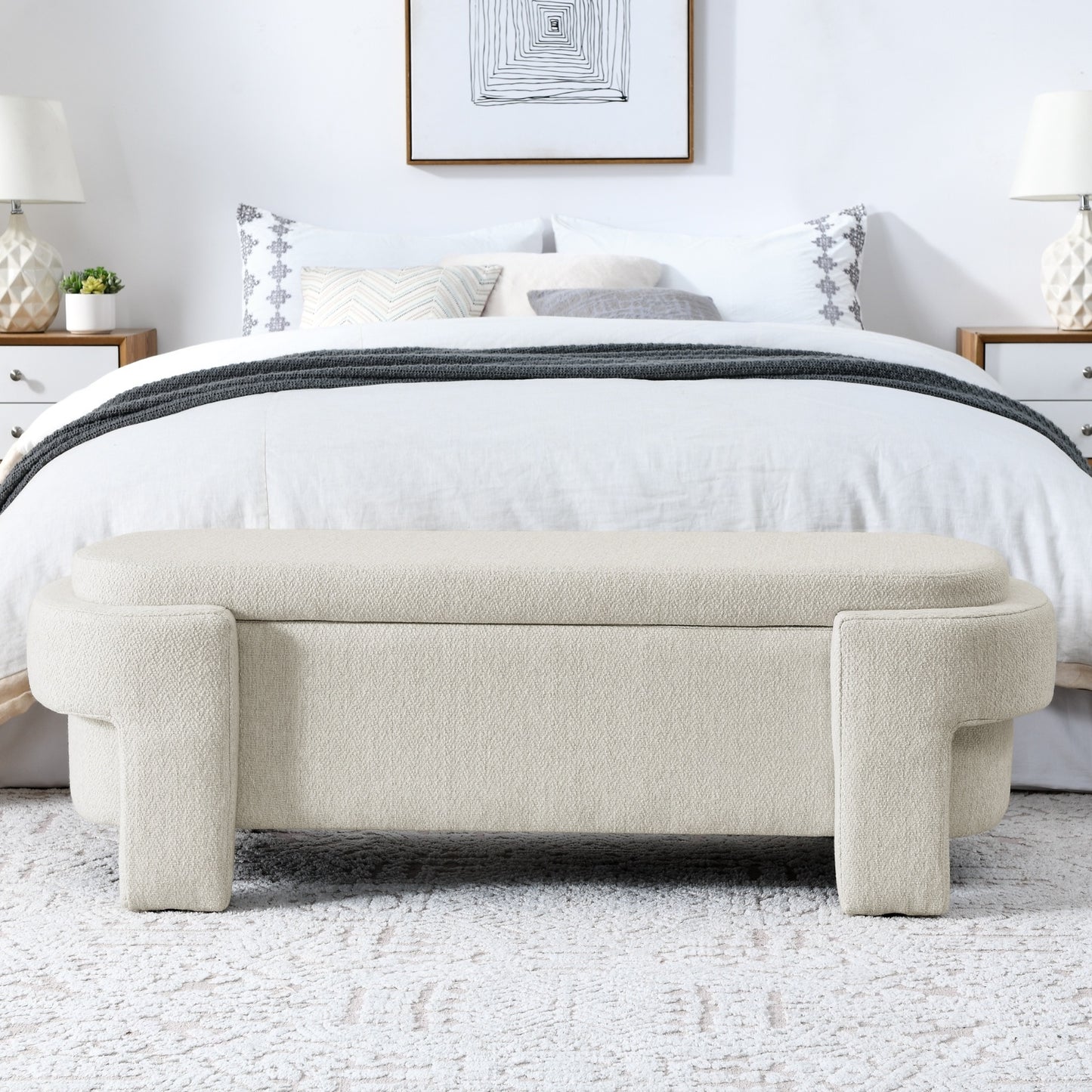 Beige linen fabric storage bench with cushioned seat and hidden compartment for living room or entryway organization