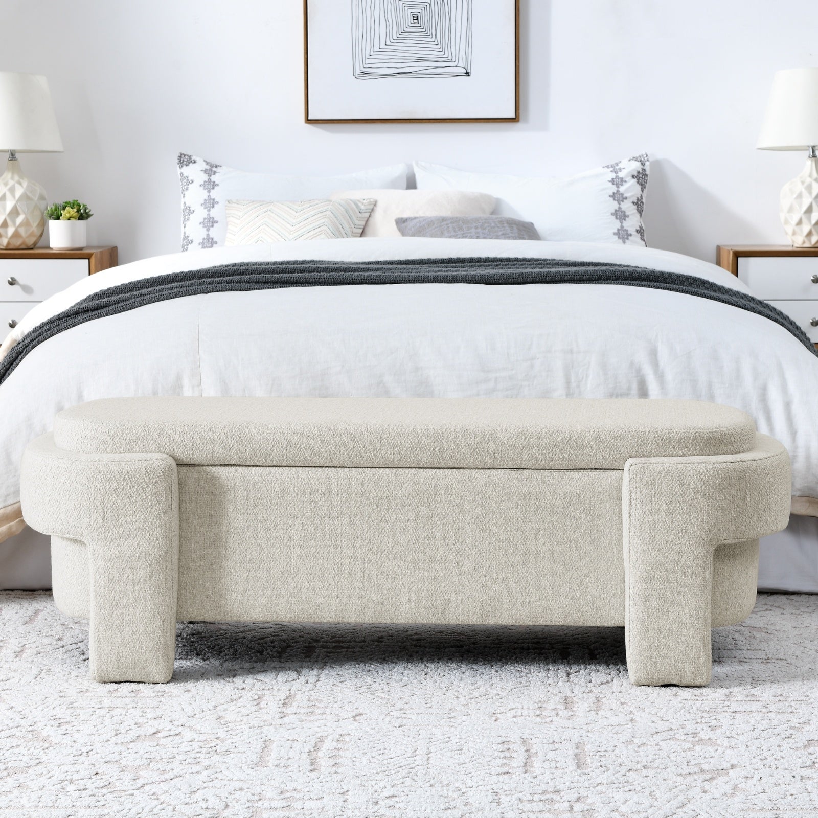 Beige linen fabric storage bench with cushioned seat and hidden compartment for living room or entryway organization