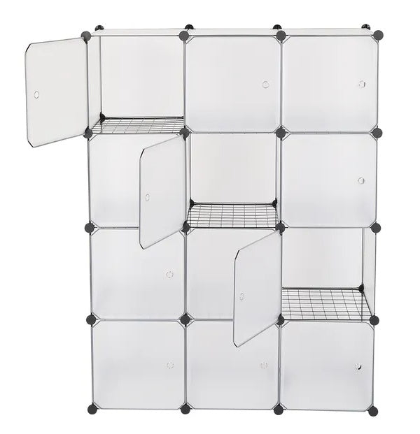 12-cube white modular storage shelf with customizable design, ideal for organizing books, clothes, toys, and office supplies.