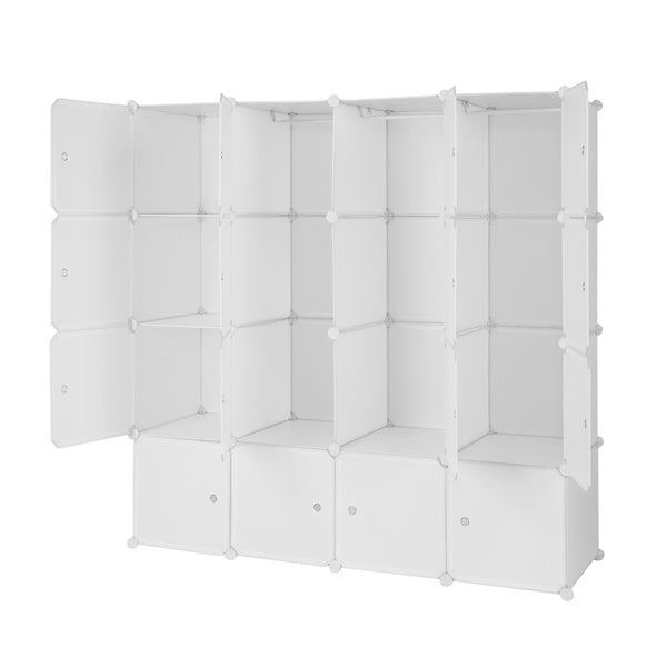 White 16-cube modular plastic storage organizer with doors and hanging rods, featuring stackable DIY design for closet, bedroom, or entryway organization; includes steel frame and customizable layout for clothes, shoes, and household items