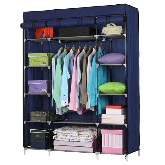 Navy gray 5-tier portable fabric wardrobe with 12 compartments and 2 hanging rods, featuring roll-up doors and sturdy alloy frame for organized clothes and accessories storage.