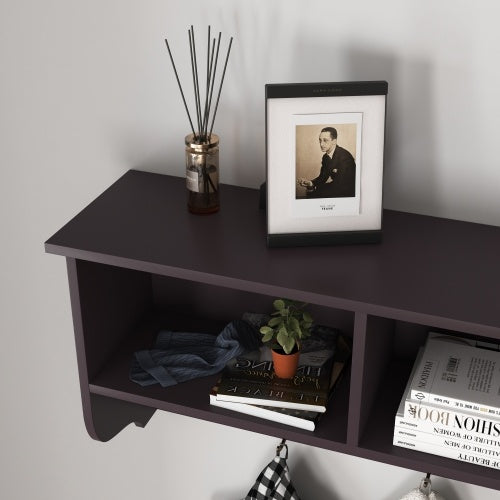 Espresso wall-mounted coat rack with shelf, 4 dual hooks, and 3 open cubbies for entryway storage and organization