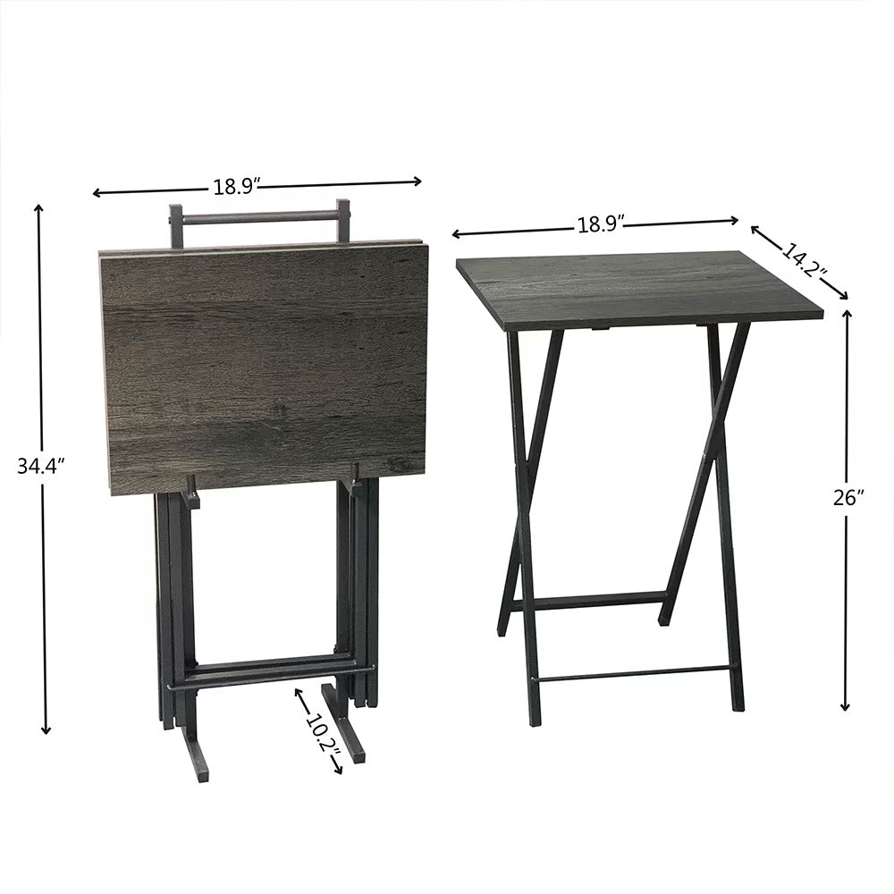 5-piece grey folding TV tray table set with storage stand – portable snack and laptop tables for living room or small spaces