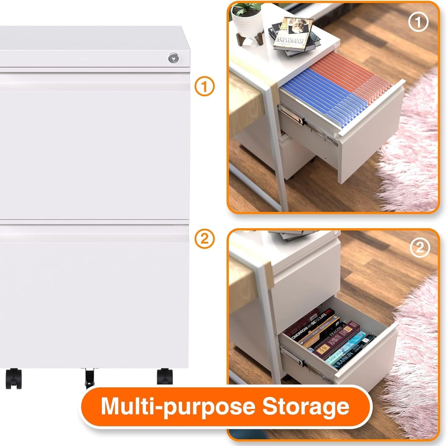 White metal 2-drawer office file cabinet by Aobabo with lock, hanging file storage for legal, letter, and A4 documents, fully assembled with wheels for under-desk use and enhanced mobility.