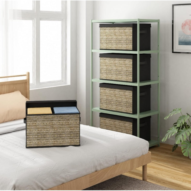 Set of four green rattan-style foldable storage bins with matching lids and built-in handles; lightweight, decorative, and ideal for organizing closets, shelves, or home offices — non-waterproof design.