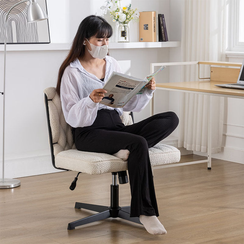 Armless pink office desk chair without wheels, featuring a soft twill fabric seat, ergonomic U-shaped backrest, 360° swivel, and height-adjustable base—modern design ideal for home office or study spaces.