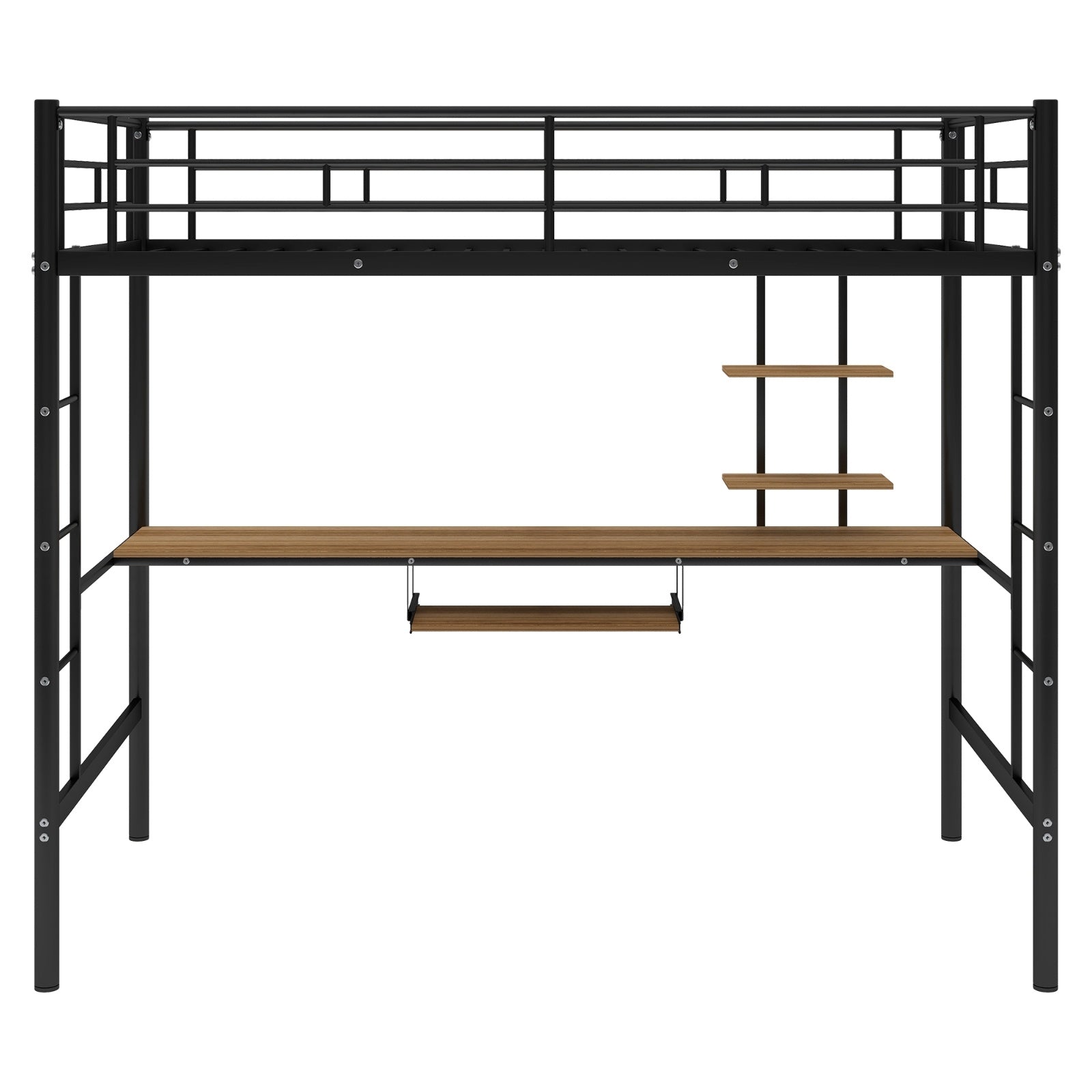 Black twin loft bed with metal frame, integrated desk and shelf underneath, ladder, and guardrail – space-saving bedroom furniture
