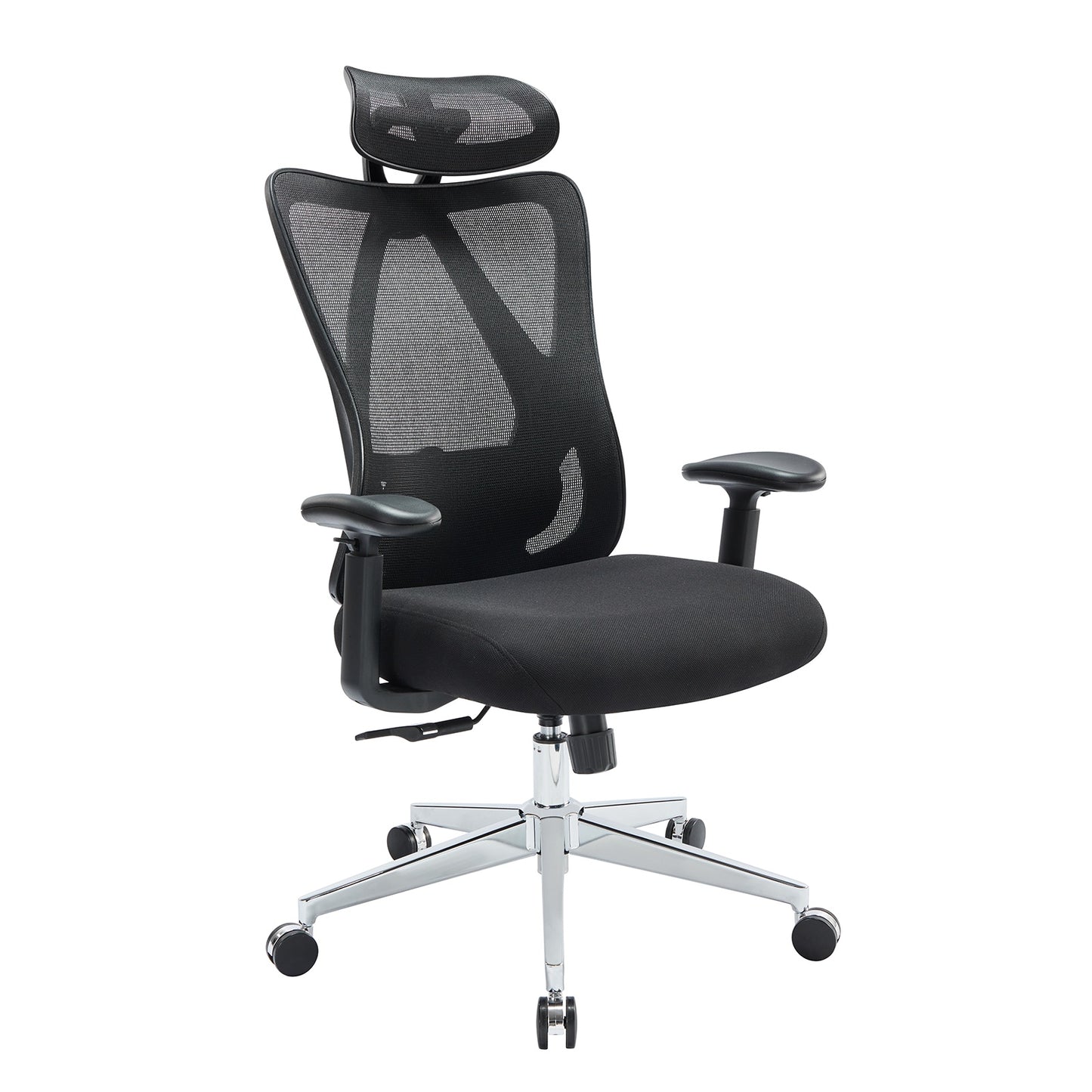 Ergonomic high-back mesh office chair with adjustable height, reclining backrest, rotating headrest, lumbar support, breathable mesh, padded seat, and sturdy aluminum base supporting up to 330 lbs.