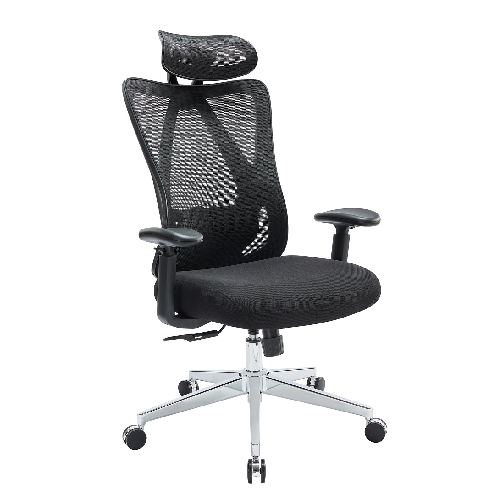 Ergonomic high-back mesh office chair with adjustable height, reclining backrest, rotating headrest, lumbar support, breathable mesh, padded seat, and sturdy aluminum base supporting up to 330 lbs.