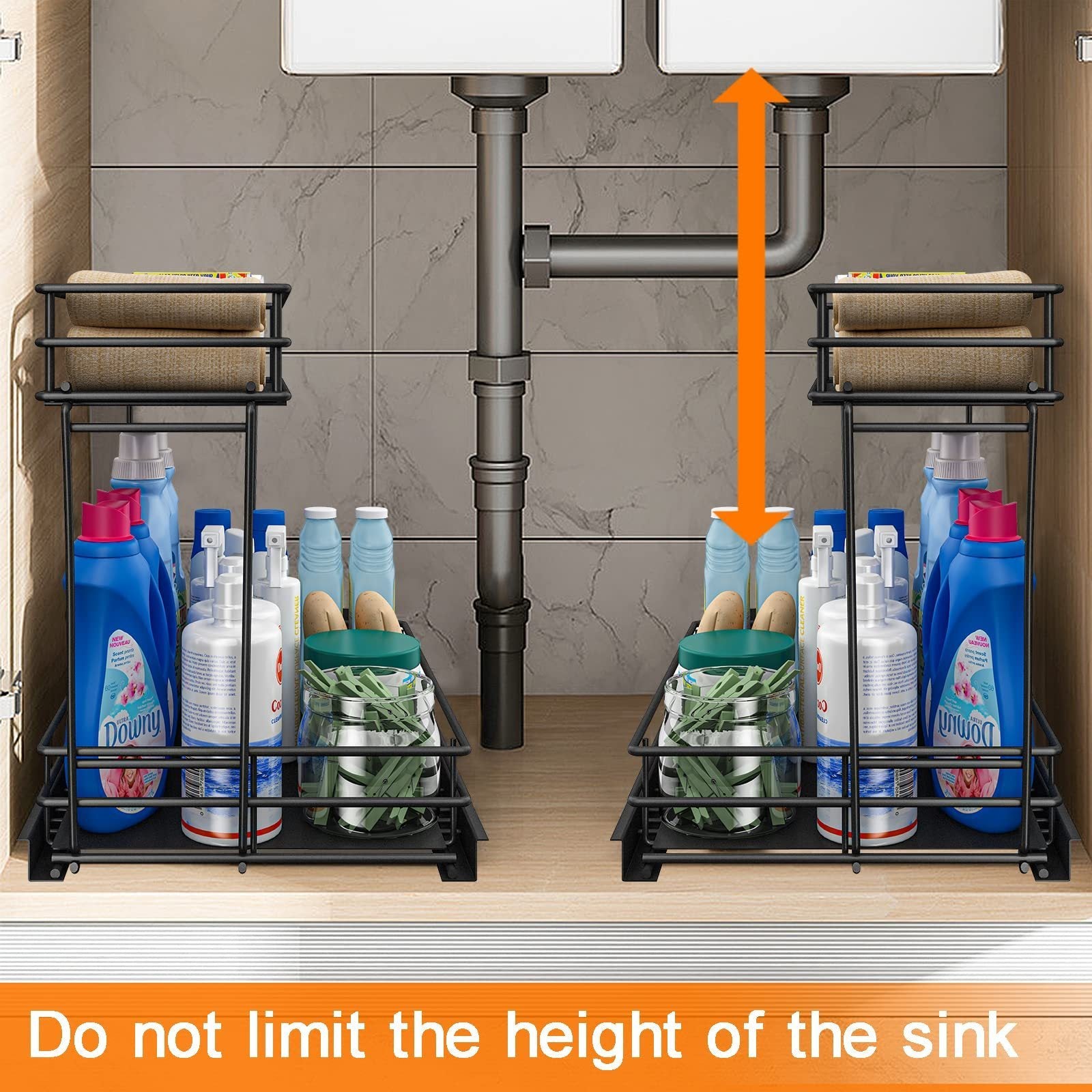 L-shaped metal pull-out cabinet organizer with two sliding drawers, made of stainless steel, designed to maximize under-sink storage by fitting around plumbing, featuring a rust-resistant finish
