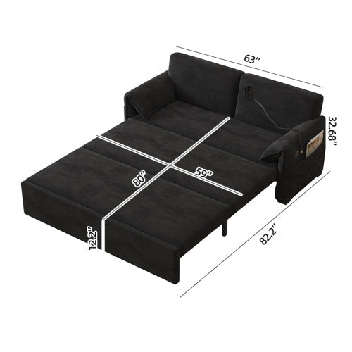 63-inch velvet folding sofa bed with 3-in-1 design for sitting, lounging, and sleeping, featuring ergonomic backrest, oversized pillows, USB charging port, and durable carbon steel frame