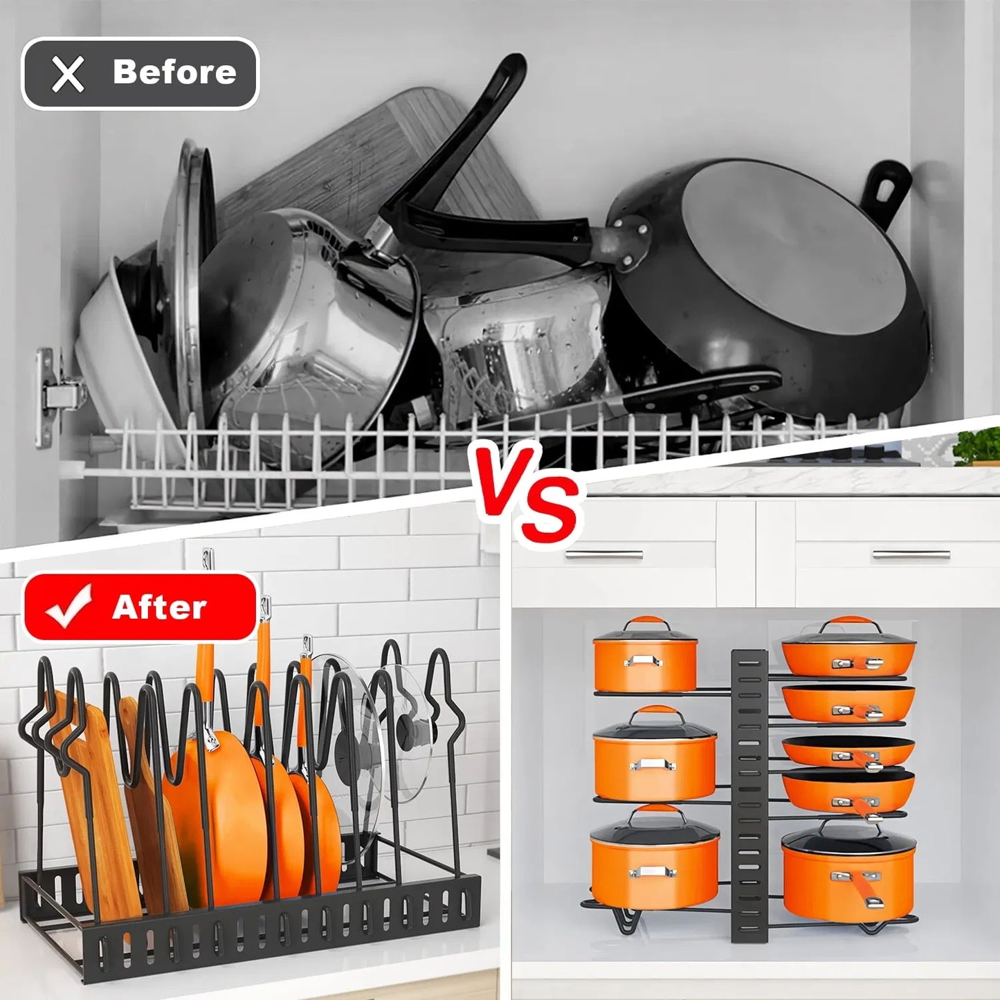8-tier pot and pan organizer rack with lid holder, durable kitchen cabinet storage solution for cookware, space-saving vertical design