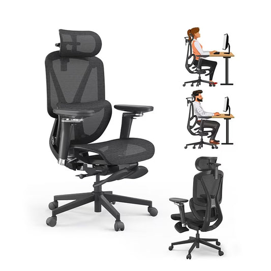 High-back ergonomic black office chair with adaptive lumbar support, fully adjustable 3D armrests, reclining mechanism, 3D headrest, retractable footrest, and sturdy metal mesh frame supporting up to 300 lbs