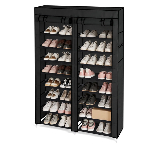 Black 10-tier shoe cabinet with slim vertical design and double-row storage shelves, ideal for organizing multiple pairs of shoes in small entryways, closets, or hallways