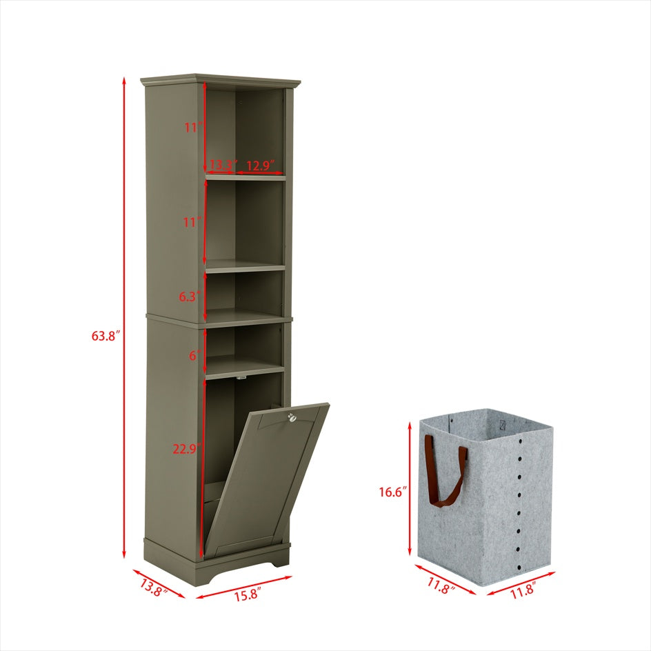 Slim 64-inch tall gray storage cabinet with four open shelves and built-in laundry hamper, ideal for bathrooms, kitchens, or small spaces