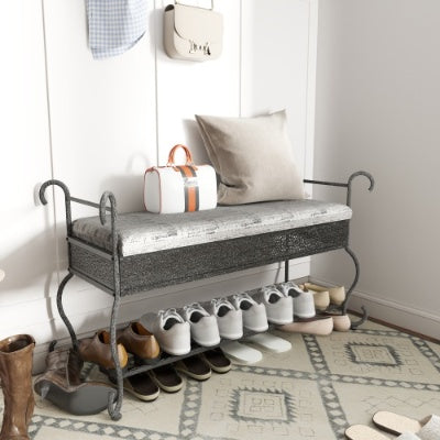 Industrial rustic entryway shoe rack bench with black upholstered seat and open metal shelves for shoe storage, rectangular design, metal frame, suitable for small spaces