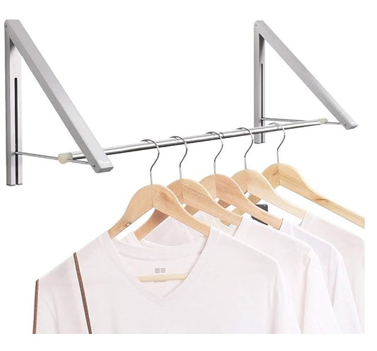 Wall-mounted silver aluminum laundry drying rack with two foldable arms and built-in hanging rods, space-saving design for laundry rooms or utility areas