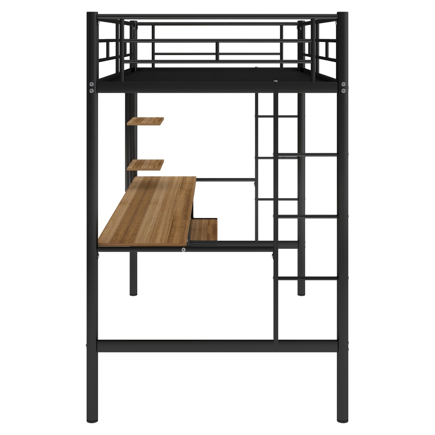 Black twin loft bed with metal frame, integrated desk and shelf underneath, ladder, and guardrail – space-saving bedroom furniture