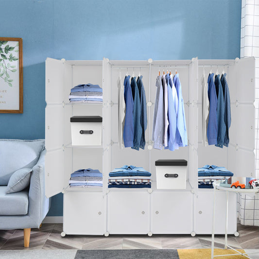 White 16-cube modular plastic storage organizer with doors and hanging rods, featuring stackable DIY design for closet, bedroom, or entryway organization; includes steel frame and customizable layout for clothes, shoes, and household items