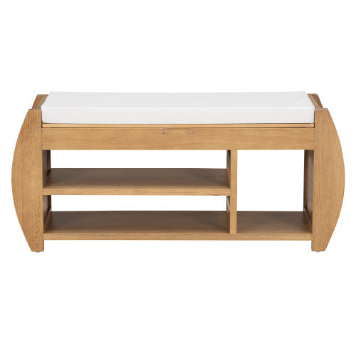 Retro multifunctional storage bench with cushioned seat, open shelves, and hidden compartment—wooden frame in modern design, ideal for entryway, hallway, or living room
