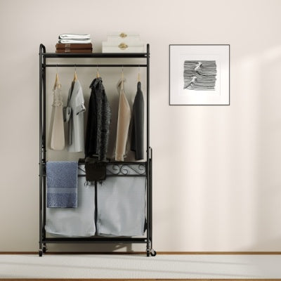 Multi-functional laundry hamper organizer with metal frame, storage shelves, hanging rail, and rolling wheels—space-saving design for laundry rooms, bedrooms, or bathrooms