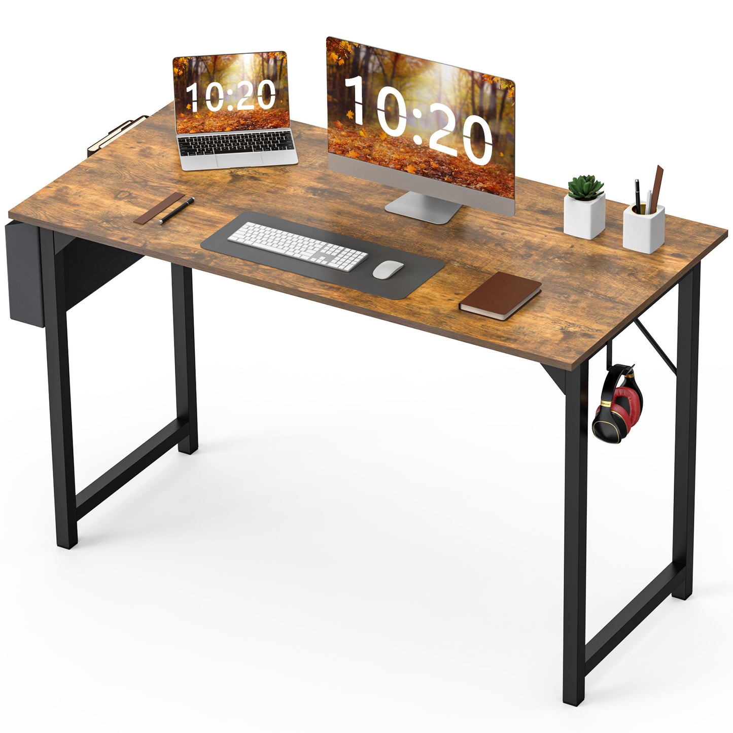 Modern minimalist computer desk with rustic oak finish, metal frame, side storage bag, and hook—durable, space-saving workstation for home office or study use