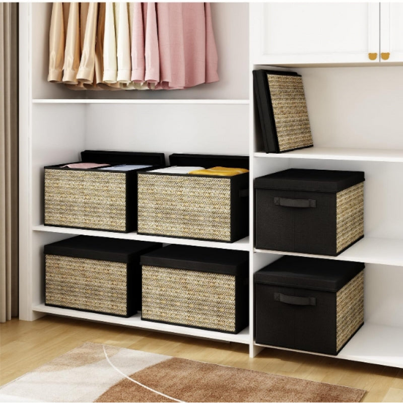 Set of four green rattan-style foldable storage bins with matching lids and built-in handles; lightweight, decorative, and ideal for organizing closets, shelves, or home offices — non-waterproof design.