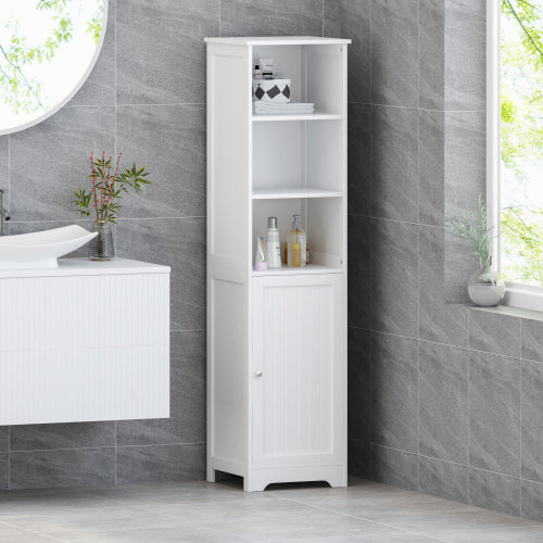 Modern white bathroom linen cabinet with slim vertical design, featuring open shelves and lower cabinet doors for organized storage of towels, toiletries, and essentials in small spaces.