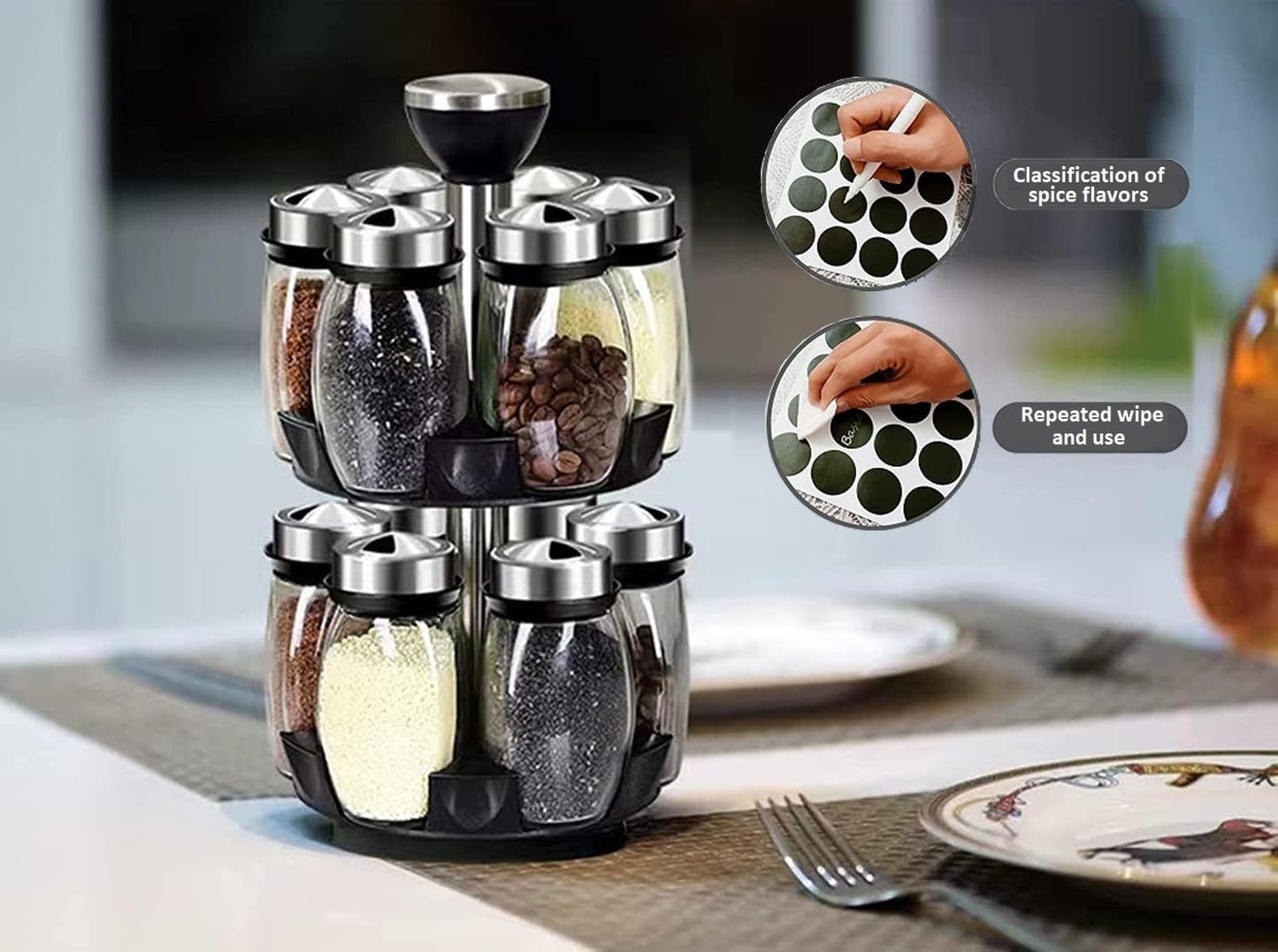 Revolving spice rack organizer with 12 glass jars, rotating countertop storage for kitchen spices and herbs