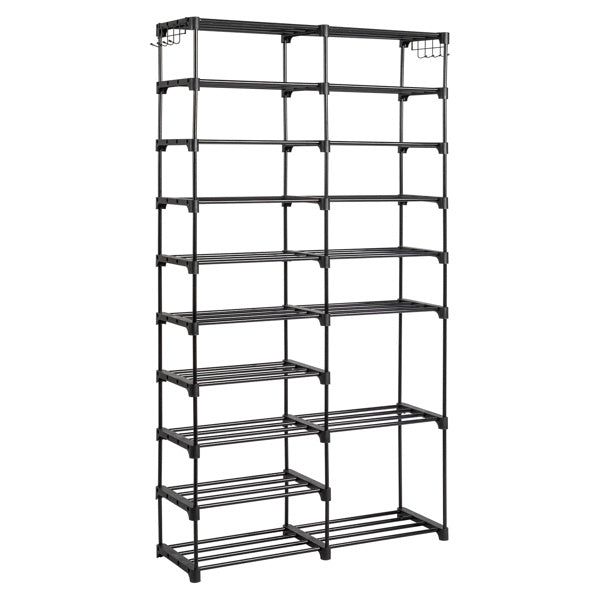 Black double-row 9-tier shoe rack with handles, featuring a sturdy iron frame and non-woven fabric shelves, designed for efficient vertical shoe storage in entryways or closets