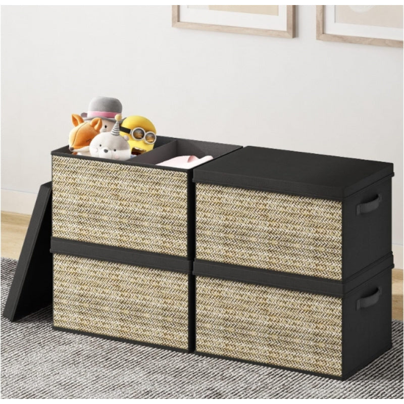 Set of four green rattan-style foldable storage bins with matching lids and built-in handles; lightweight, decorative, and ideal for organizing closets, shelves, or home offices — non-waterproof design.