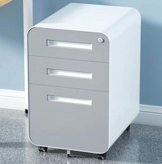 Modern 3-drawer mobile filing cabinet in white and grey cold-rolled steel, with central lock, full-extension drawers, and 5-wheel base—fits A4, letter, and legal files, ideal for home or office use.