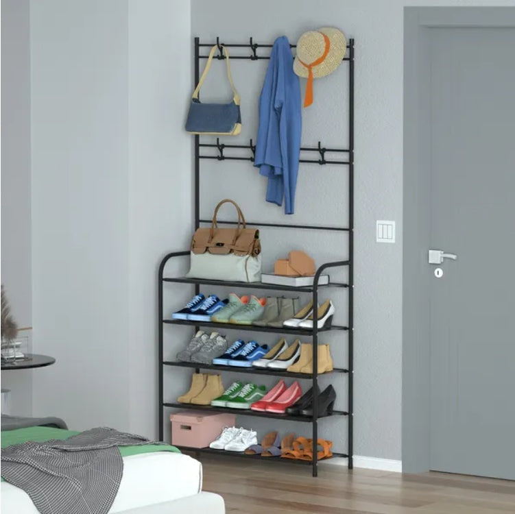 Freestanding entryway hall tree with coat and hat rack, shoe storage shelves, and garment hanger—an all-in-one organizer for entryway, hallway, or bedroom.