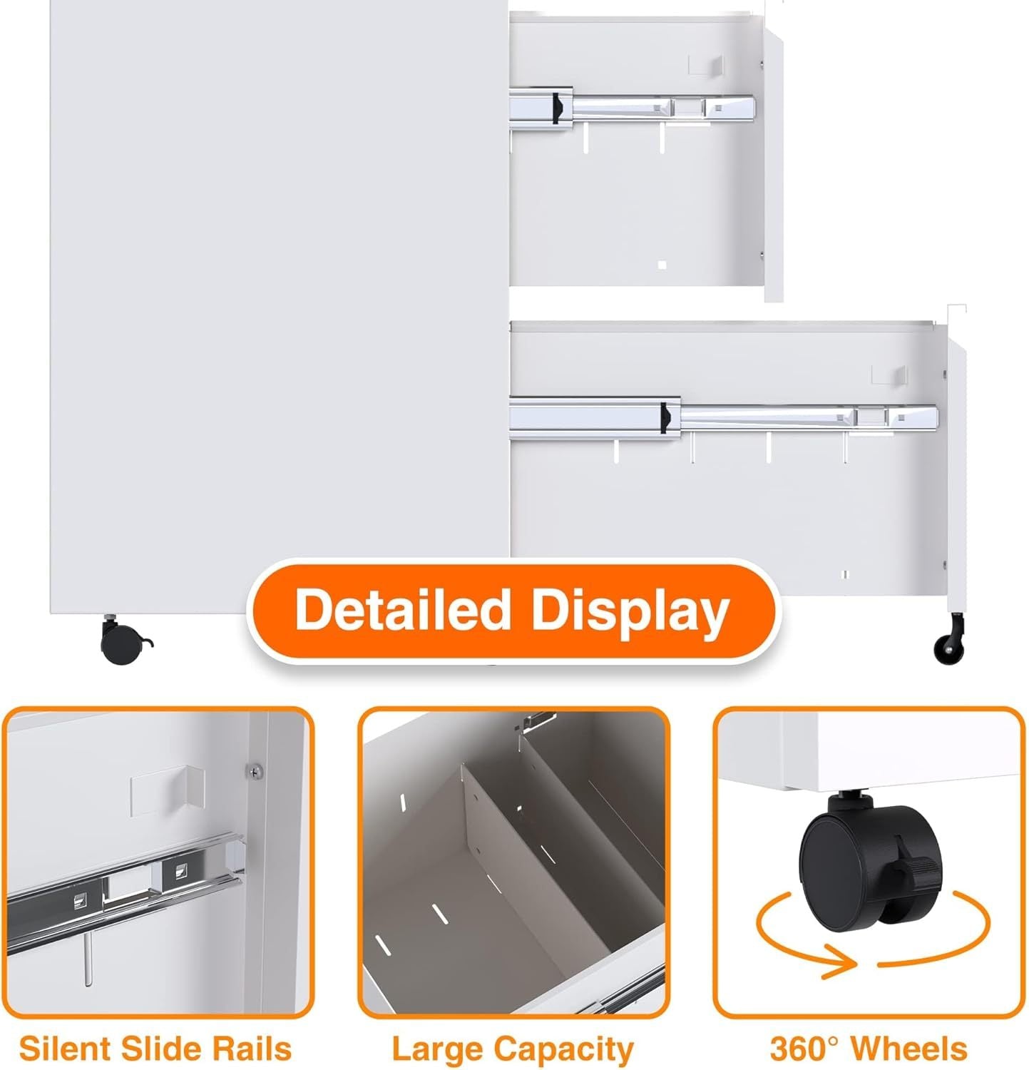 White metal 2-drawer office file cabinet by Aobabo with lock, hanging file storage for legal, letter, and A4 documents, fully assembled with wheels for under-desk use and enhanced mobility.