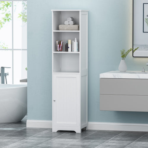 Modern white bathroom linen cabinet with slim vertical design, featuring open shelves and lower cabinet doors for organized storage of towels, toiletries, and essentials in small spaces.