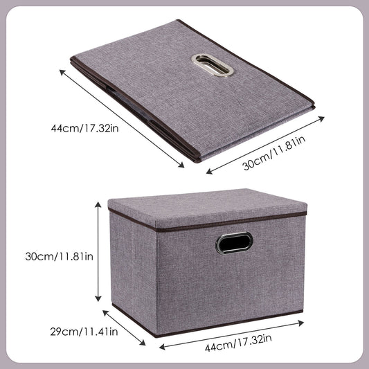 Foldable cotton and linen storage boxes in neutral color, measuring 44×30×30 cm, with soft fabric texture, reinforced sides, and durable non-woven lining; available in 3 or 5-piece sets for organizing clothes, bedding, or household items