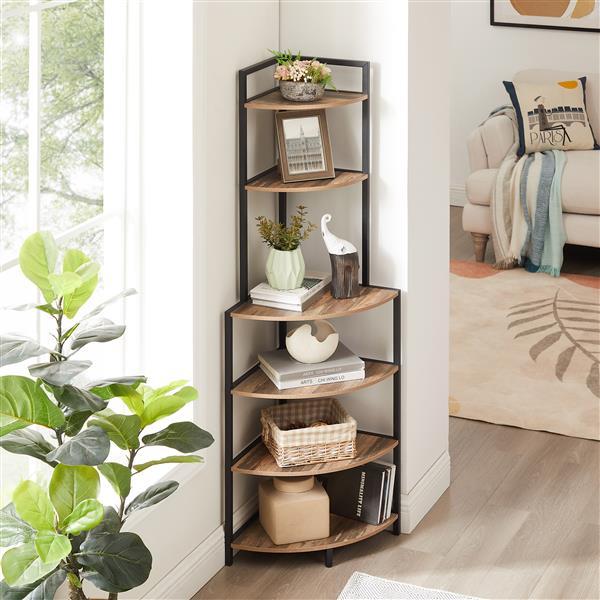 Modern 6-tier rustic brown corner bookshelf with open shelves, ideal for small spaces, displaying books, plants, and decorative items, made from durable wood