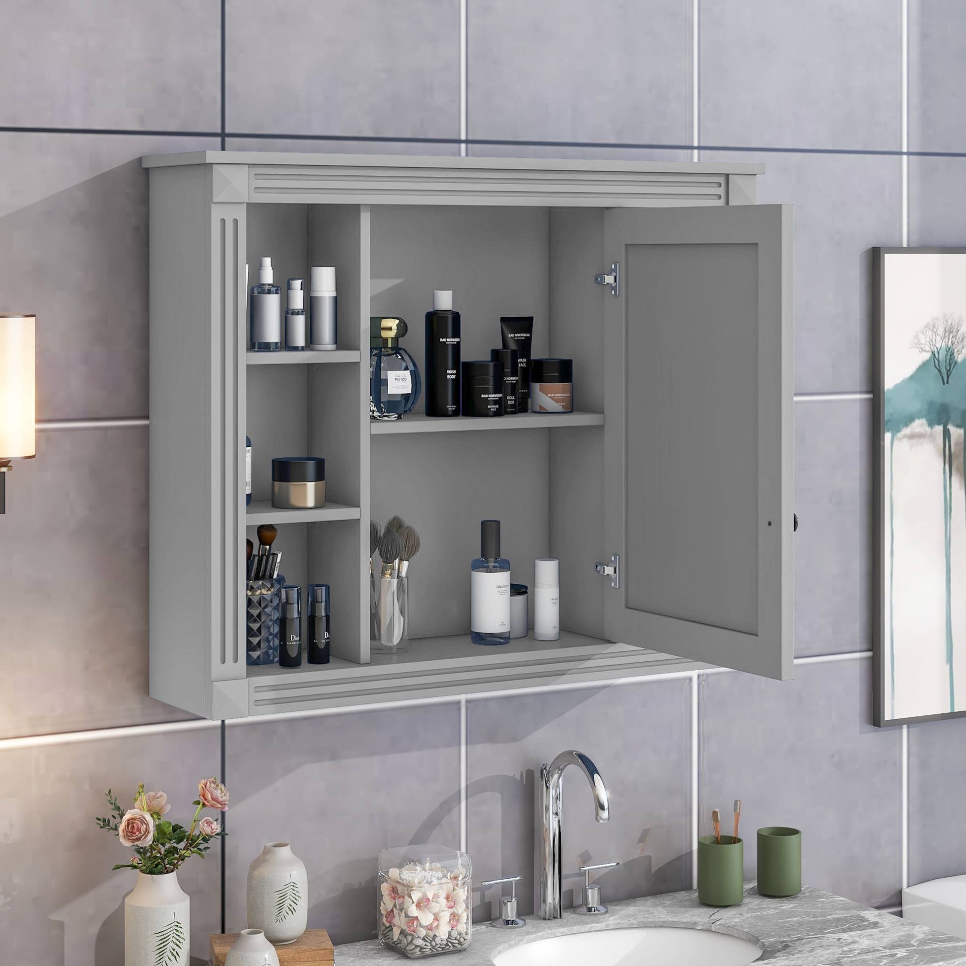 Modern white wall-mounted bathroom storage cabinet with mirrored doors and open center shelf – sleek MDF design with multiple interior compartments for organized bathroom storage.