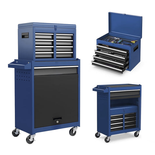 Mobile auto repair tool cart with multiple drawers and top toolbox, sturdy iron frame, and smooth wheels for easy movement in workshop