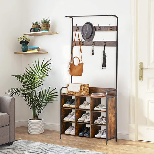 3-in-1 Entryway Coat Rack with Shoe Storage, 7 Metal Hooks, Hanging Rod, Antique Natural Finish, Freestanding Hall Tree Organizer