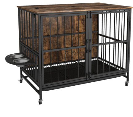 Modern kennel dog cage furniture with sturdy ironwood frame and durable particleboard, antique brown finish, foldable top panel, adjustable feeding basin with stainless steel bowls, removable tray, wheels for easy mobility, supports dogs up to 80 lbs