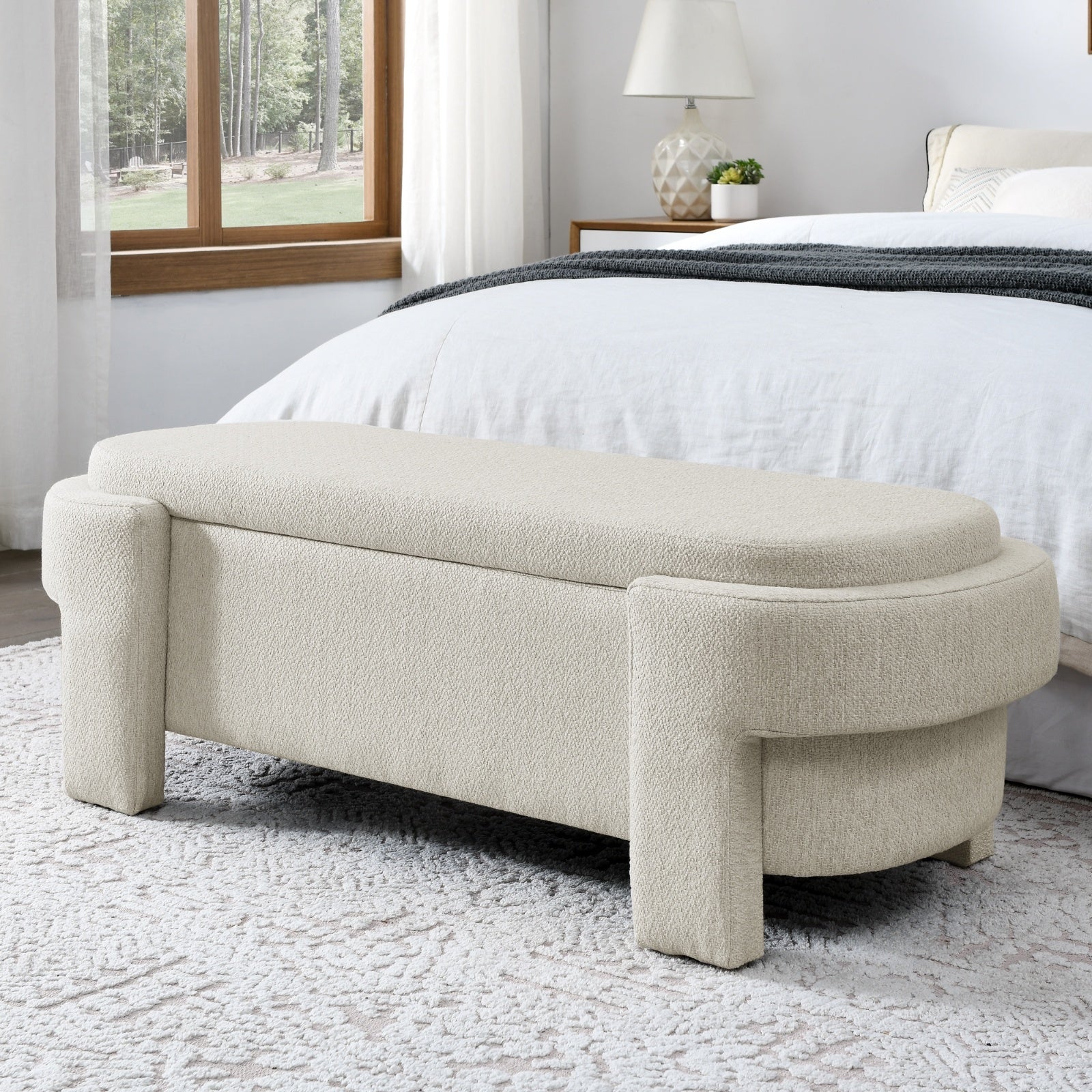 Beige linen fabric storage bench with cushioned seat and hidden compartment for living room or entryway organization