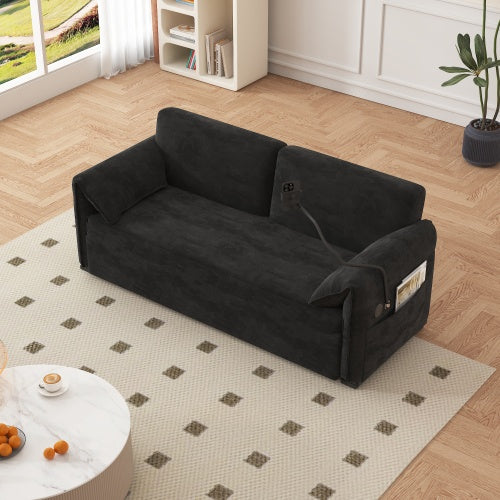 63-inch velvet folding sofa bed with 3-in-1 design for sitting, lounging, and sleeping, featuring ergonomic backrest, oversized pillows, USB charging port, and durable carbon steel frame