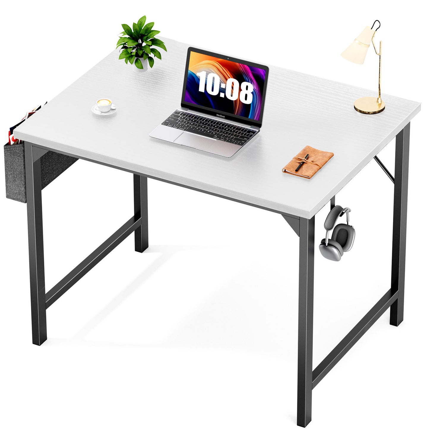 Modern minimalist computer desk with rustic oak finish, metal frame, side storage bag, and hook—durable, space-saving workstation for home office or study use