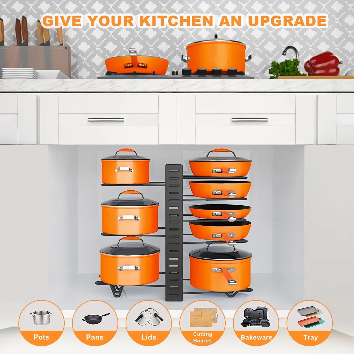 8-tier pot and pan organizer rack with lid holder, durable kitchen cabinet storage solution for cookware, space-saving vertical design