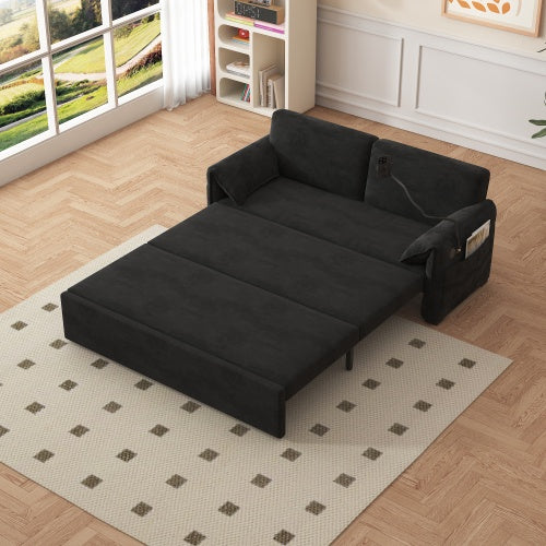 63-inch velvet folding sofa bed with 3-in-1 design for sitting, lounging, and sleeping, featuring ergonomic backrest, oversized pillows, USB charging port, and durable carbon steel frame